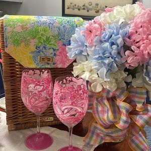 Lily Pulitzer wine basket and goblets